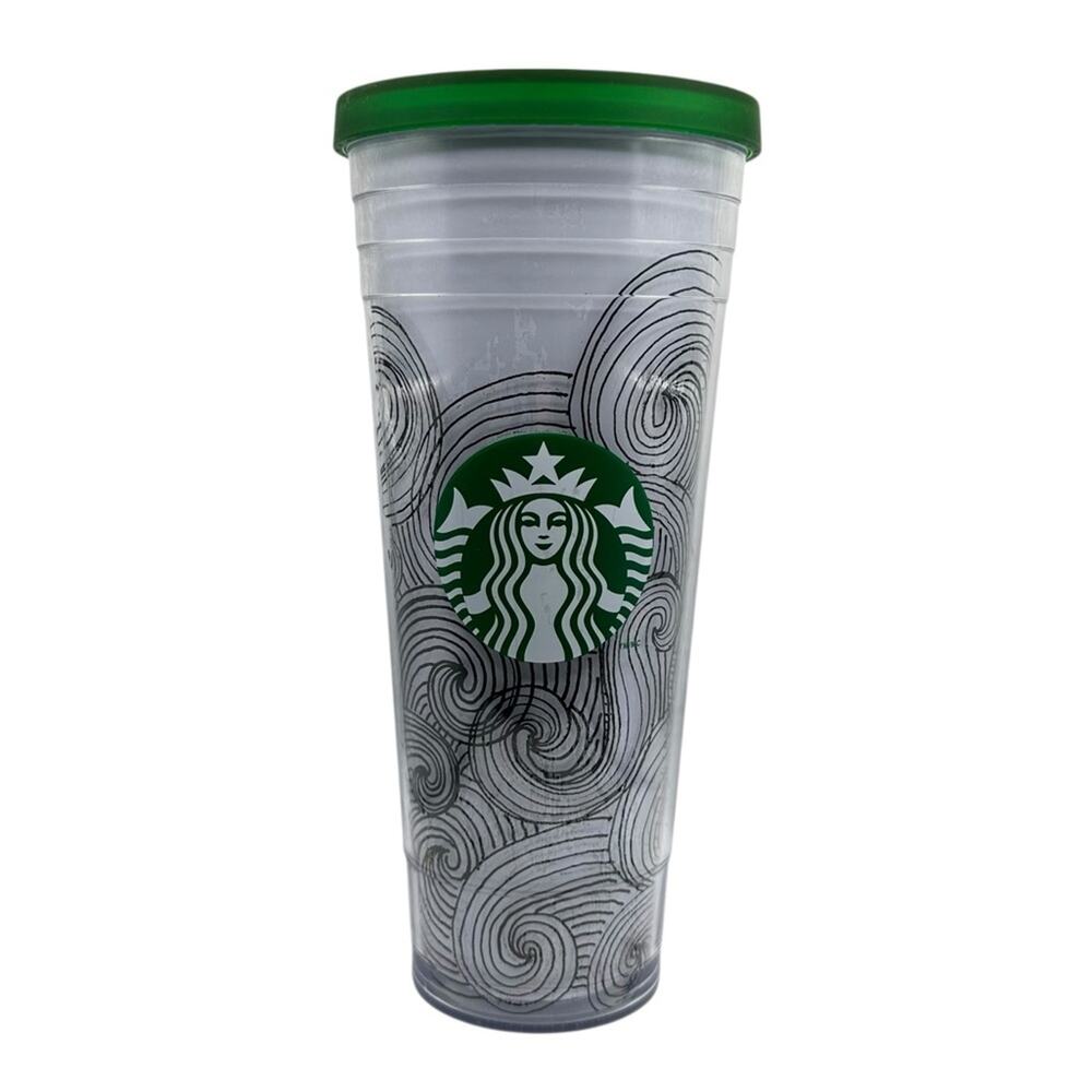 Starbucks Tumbler with Green Lid Ink Waves and Black Swirl Design 24 oz NO STRAW
